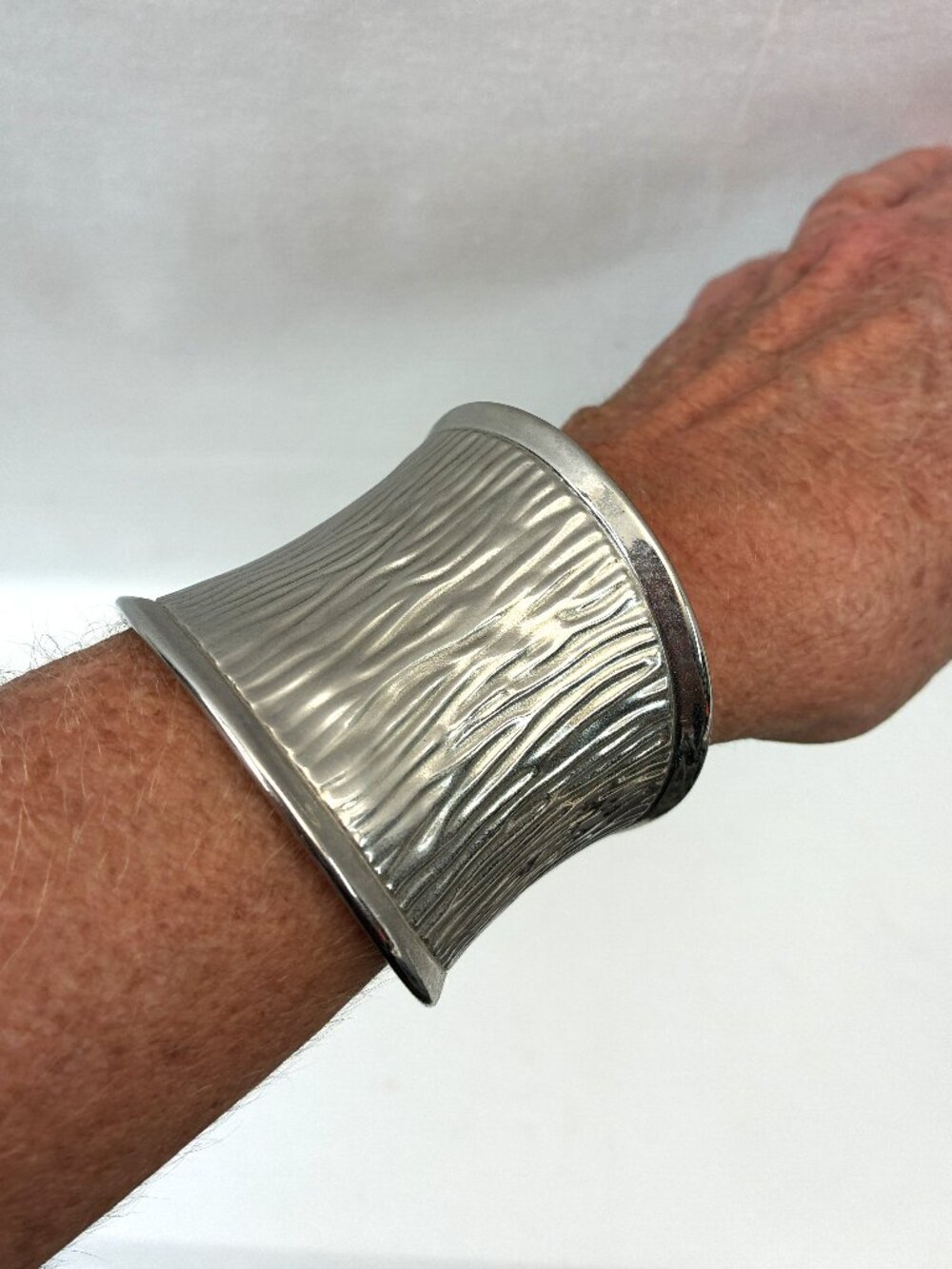 Silver Textured Wide Cuff Bangle Bracelet